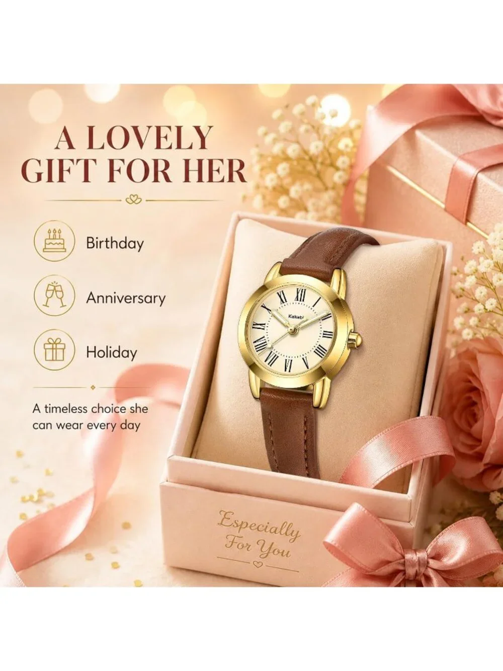 Women's Brown Gold Vintage Analog Slim Leather Strap Quartz Movement Wristwatch